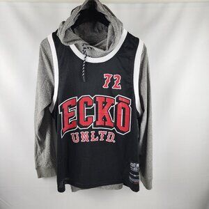 Ecko Unltd Hoodie Mens Large Gray Black Jersey Sweatshirt Chest Logo NWT